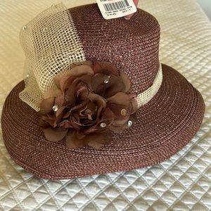 Derby or Garden party hat with brown rose detail & beige band & jeweled